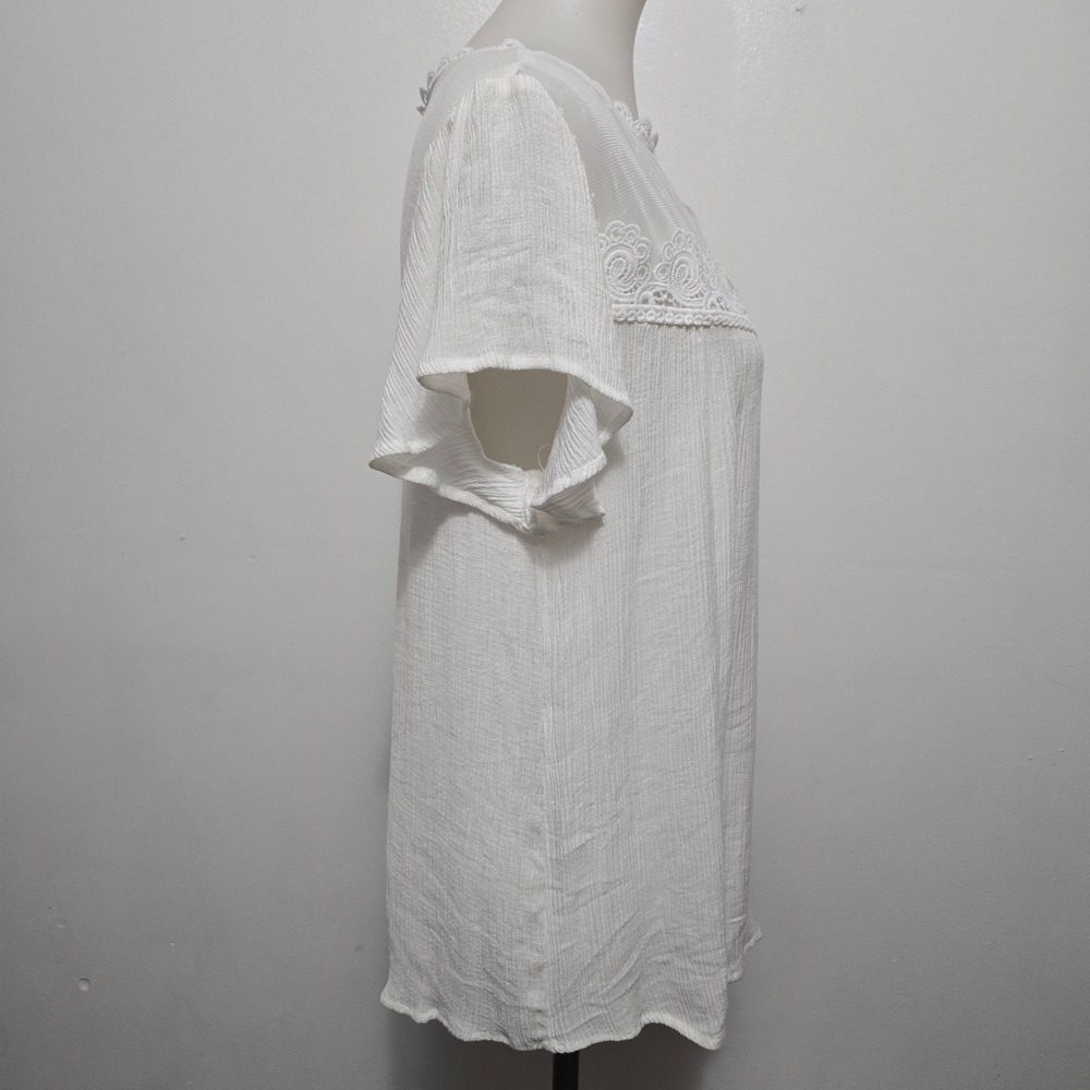 Perch by Blu Pepper White Lace Inset Gauze Short Sleeve Blouse 1X Boho Neutral - Picture 4 of 8